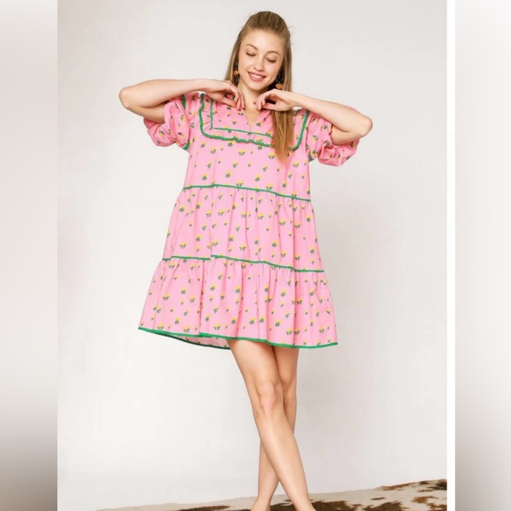 Floral Pink Midi Dress with Green Accents